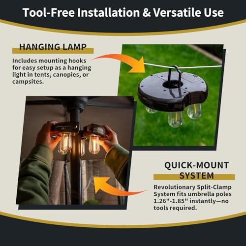 Patio Umbrella Light with Remote Control, Rechargeable Cordless LED Edison Bulbs Pole Light with 10 Brightness Levels for Garden, Patio, Backyard, Camping or BBQ - Brown (1 Pack) - Image 2