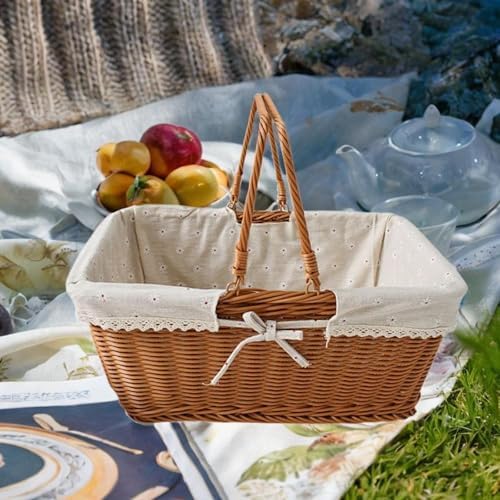 Imitation Rattan Picnic Basket Picnic Hamper Woven Storage Basket Fruit Basket for Bread Fishing Garden BBQ Outdoor Camping- Style E - Image 3