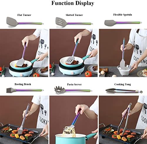 HOMQUEN 38 Piece Silicone Kitchen Cooking Utensils Set with Utensil Rack, Silicone Head and Stainless Steel Handle Cookware, Rainbow Handle with Silicone Head - Image 5