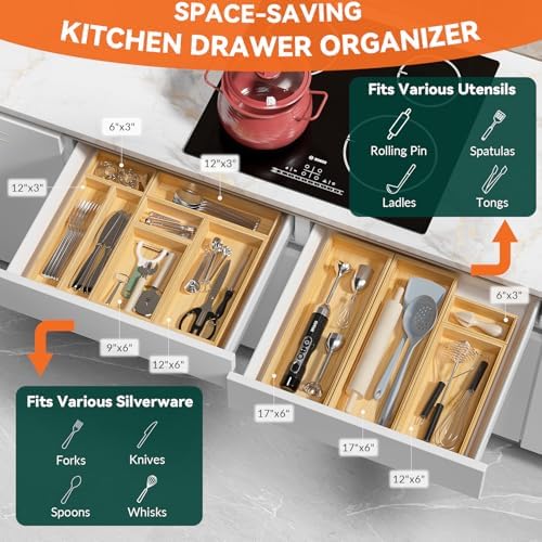 Lixple Bamboo Kitchen Drawer Organizer, 2 Pack, 9" x 6" x 2" - Image 3