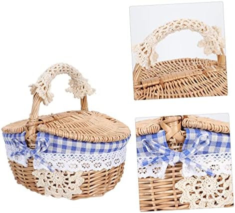 Blue Rattan Picnic Basket with Lid, Woven Storage Hamper for Outdoor - Image 4