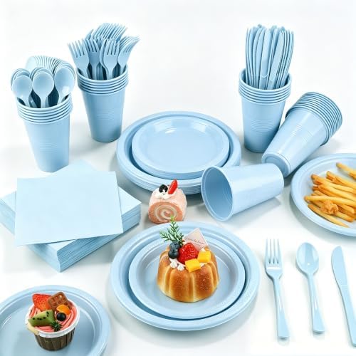 Kochorie 240 Pieces Light Blue Plastic Dinnerware Set Disposable Heavy Duty Plates Napkins Cups Silverware Dessert Dinner Plates for Birthday Wedding Baby Shower Party Supplies, Serves 30 Guests by Kochorie