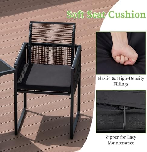 Tangkula 3 Pieces Outdoor Dining Set, PE Rattan Patio Furniture Set with Folding Backrest, Cozy Seat Cushions, Tempered Glass Tabletop, Space-Saving Bistro Table and Chairs Set of 2 for Backyard Pool - Image 7