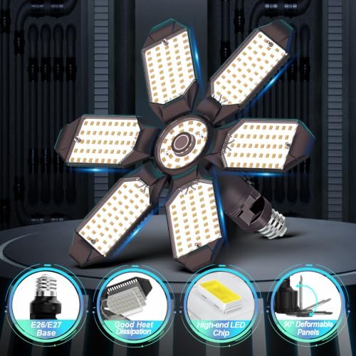 Led Garage Lights Bulb 1 Pack 200W Bright Rotatable Ceiling Led Shop Lights, E26/E27 Base, 6500K, 22000LM Deformable Led Garage Light for Basement, Attic and Workshop Commercial Bay Lighting - Image 3