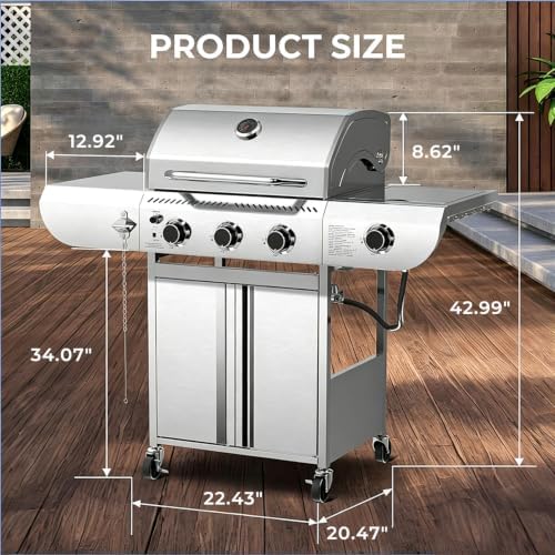 Electactic 3-Burner Propane Gas Grill with Side Burner, 34,000 BTU, Stainless Steel Barbecue Grill with Enameled Cast Iron Grates, Built-In Thermometer, Portable BBQ Grill for Outdoor Cooking, Patio - Image 7