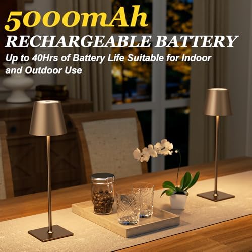 Kakanuo Brown Cordless Rechargeable Table Lamp 5000mAh Battery Operated Lamps, 3 Colors Stepless Dimming Touch Lamp for Living Room, Kitchen Counter, Dining, Outdoor Patio, 2 Pack - Image 3