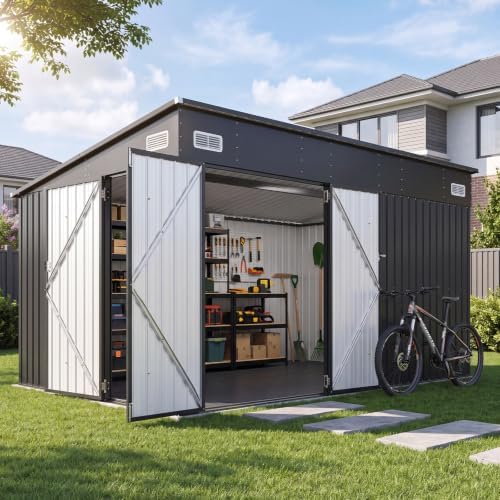 8'x10' Lean to Shed Metal Storage Shed with Floor,Triple Door by Breezestival