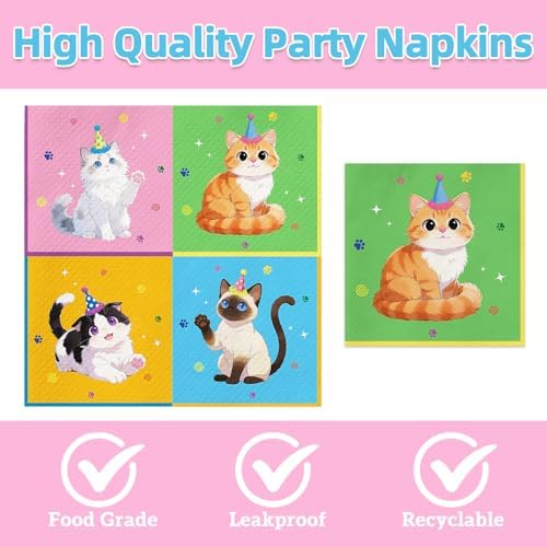 40pcs Cute Cat Birthday Party Supplies Colour Cat Plates and Napkins for Girl Kitten Baby Shower Pet Lover Gifts Decorations,Suitable for 20 Guests - Image 4