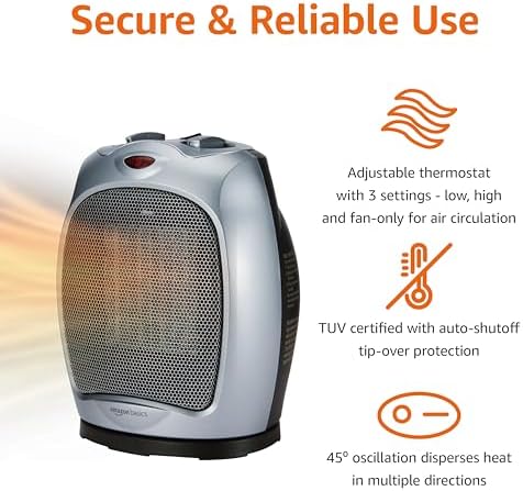 Amazon Basics Oscillating Ceramic Portable Indoor Space Heater, Fast Heating Technology, Overheat and Tip-Over Protection, Adjustable Thermostat, 1500W, 7.52"D x 6.34"W x 9.45"H, Silver - Image 2