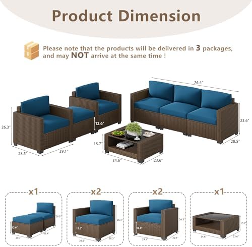 LOUVIXA 7 Piece Outdoor Patio Furniture Set, Rattan Chairs Glass Table Wicker Conversation Seating Sectional Sofa with Cushions (Brown-Peacock Blue, 7Pcs-2 Layer Coffee Table) - Image 2