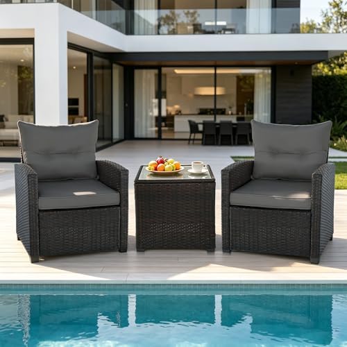 3 PCS Patio Wicker Conversation Set Sofa Table Set Gray Cushion - Image 3
