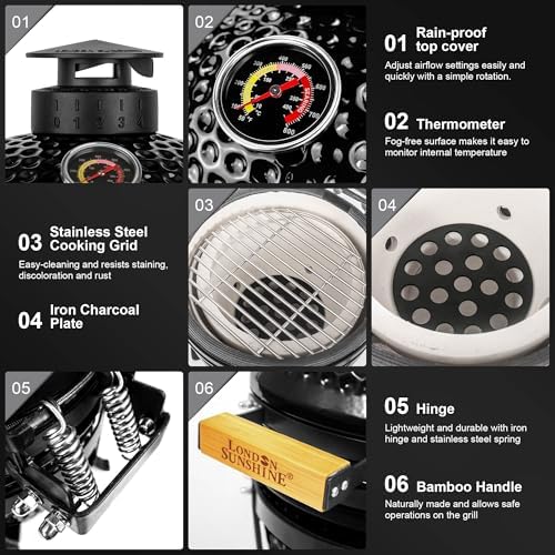 London Sunshine 13-Inch Ceramic Kamado Grill, Waterproof Vent Cap, Black - Image 5