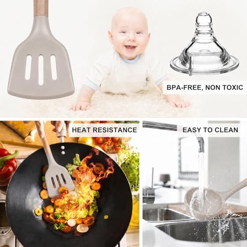 MIBOTE Silicone Cooking Kitchen Utensils Set, Wooden Handle, Khaki - Image 6