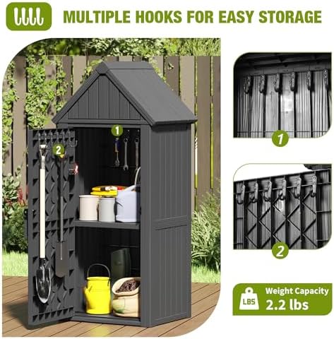 Outdoor Storage Shed, Waterproof Storage Cabinet with Sloping Roof and Lockable Door, Resin Shed with Ample Space, Multiple Hooks for Backyard Patio, Garden, Lawn, Classic Black - Image 4