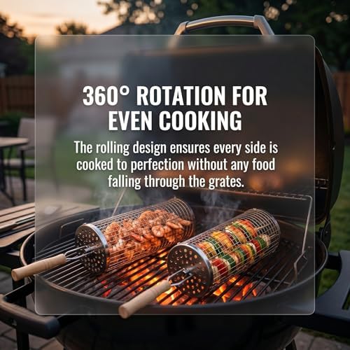 Rolling Grill Baskets, Removable Wooden Handle, Nesting BBQ Tools - Image 6