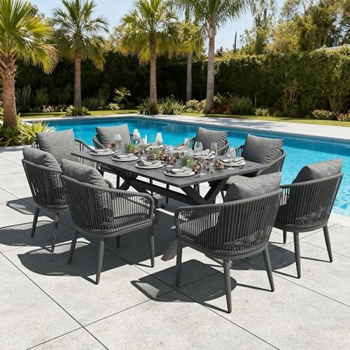 LayinSun 9 Pieces Outdoor Patio Dining Set, Aluminium Rectangular Dining Table and Wicker Rattan Chairs Set for Outside Backyard, Poolside by LayinSun