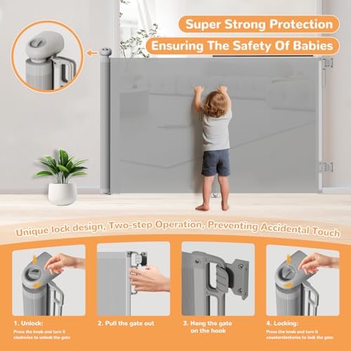 Retractable Baby Gate for Stairs 34" Tall Fits Up to 55" Wide Gray - Image 3