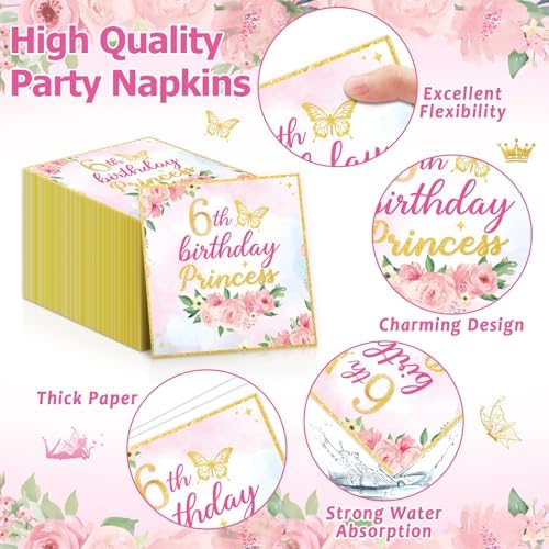 96PCS Princess 6th Birthday Party Plates and Napkins and Forks Set for Princess Party Pastel Castle Dessert Plates Disposable Decor Pink Gold Tableware Set for 6th Theme Party Favors Decorations - Image 4