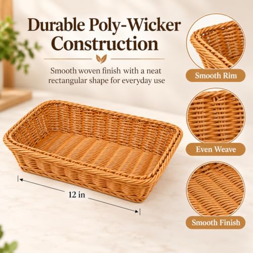 2 Pack Wicker Bread Baskets, 12 Inch Rectangular Serving Trays - Image 3