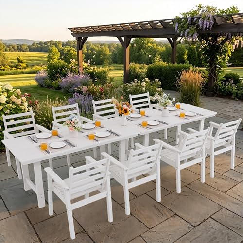 10-Piece Outdoor Dining Set, All-Weather HDPE Patio Furniture, Two 66.5" Slatted Table with 1.6" Umbrella Hole & 8 Ergonomic Armchairs, Heavy Duty 350lbs Capacity, UV Resistant, White by Unknown