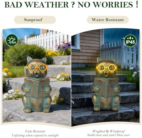 Solar Reading Cat Decor with Light-Up Glasses Patina Garden Statues - Image 5