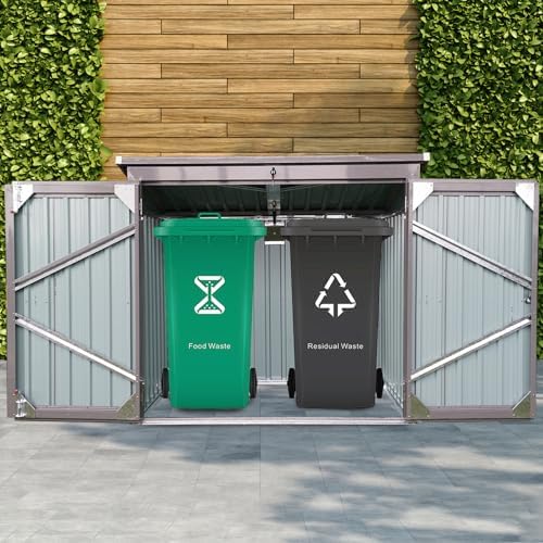 62.25 Inch Outdoor Trash Can Storage Shed for 2 Bins, Metal Garbage Bin Enclosure,Waterproof Stainless Galvanized Steel, Outdoor Waste Bin Storage Cabinet for Garden Yard,Light Gray - Image 3