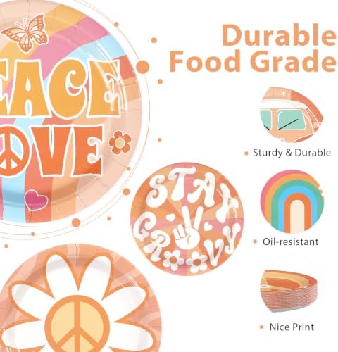 60Pcs Groovy Party Paper Plates 7" Disposable Heavy Duty Retro Hippie Boho Dessert Plates Daisy Flower Peace Love Theme Hippies Party Decoration for Summer 60s 70s Birthday Baby Shower Party Supplies - Image 4