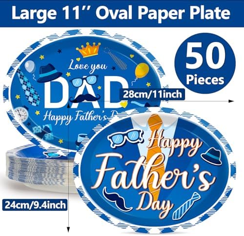 Qyeahkj 50 PCS Father's Day Oval Paper Plates Large 11” Disposable Happy Father's Day Party Decorations Love You Dad Supplies Favor for Papa Daddy's Grilling Gifts Party Tableware Set - Image 2