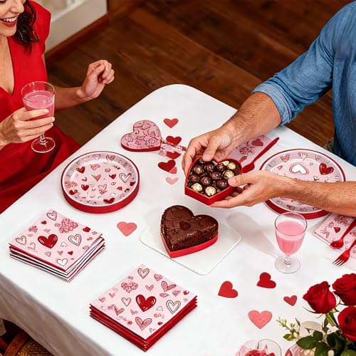 100 Pcs Valentine’s Day Heart Tableware Party Supplies Set, Serves 25 – Disposable Pink & Red Heart Paper Plates, Napkins, and Forks for Romantic Dinner, Bridal Shower, Love-Themed Party Decorations - Image 6