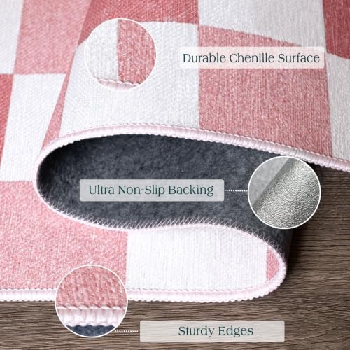 Pink White Checkered Rug, 28"x43" Doormat Indoor Outdoor Entrance - Image 3
