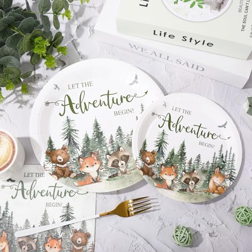 Whaline 72Pcs Let The Adventure Begin Party Supplies Woodland Forest Animal Disposable Tableware Set Paper Plates Napkins for Baby Shower Neutral Adventure Birthday, Serves 24 - Image 3