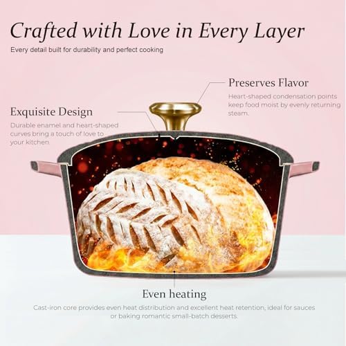 Overmont Enameled Cast Iron Dutch Oven - 2QT Pink Heart-Shaped Mini Pot - Image 3