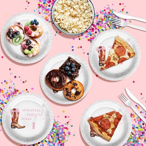 Pink Bows Cowgirl First Birthday - 32 Piece Disposable Party Supplies - Decorations for Girl's 1st Birthday Round Party Plates - Large 9" Paper Plates In Bulk - Image 5