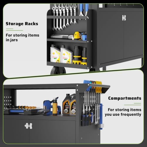 Rolling Workbench with Storage Cabinet,39.4" Mobile Garage Work Bench with Pegboard,Heavy Duty Steel Tool Cart with Wheels,Tool Storage Cabinet for Garage,Workshop,DIY and Home Repair - Image 6