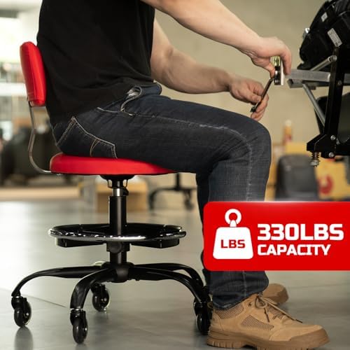 Rolling Shop Stool with Wheels, Garage Mechanic Stool Chair with Backrest, Height Adjustable Heavy Duty Swivel Task Chair, Adjustable Footrest with Storage Tray for Garage Kitchen Salon Tattoo (Red) - Image 3