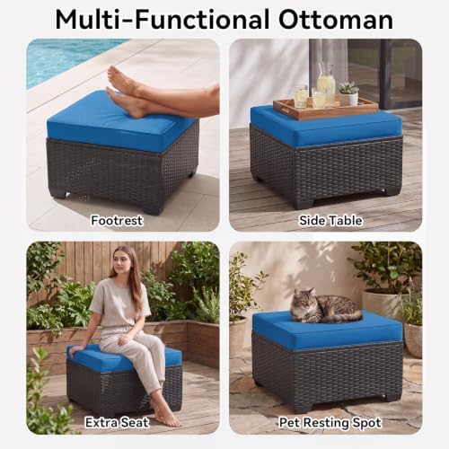 Aoxun 2 Piece Patio Sofa Ottomans with 4" Thick Cushions, Wicker Outdoor Couch Extension Set, All-Weather Rattan Seating Accessory for Backyard Furniture, Peacock Blue - Image 5