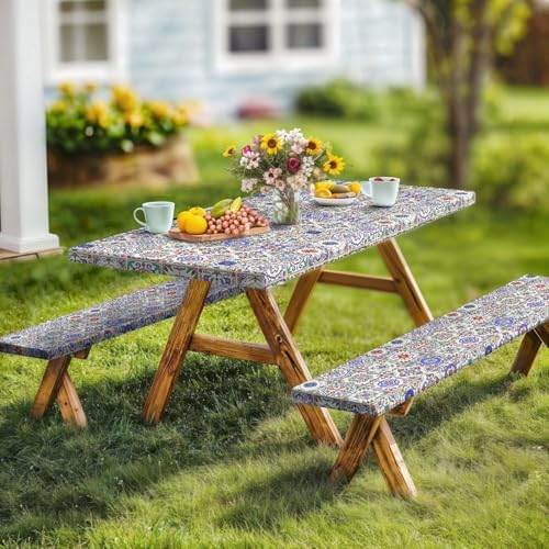 Picnic Table Cover with Bench Covers, Camping Essentials, Buffalo Plaid Waterproof Windproof Camping Tablecloth, Fitted Tablecloth Cover with Elastic Edge, for Garden & Outdoor, 3 PCS, 30x72 Inch - Image 3