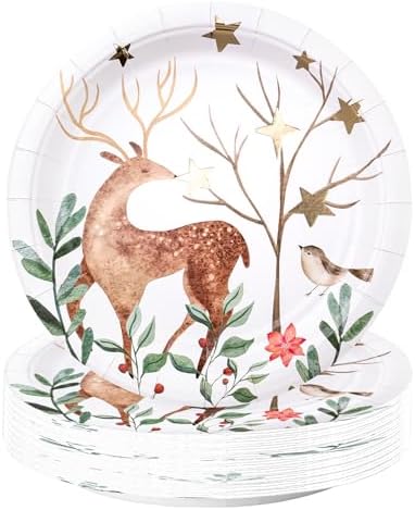 WRAPAHOLIC 25Pcs Christmas Paper Plates - 9 Inch Gold Foil Forest Reindeer Disposable Plates Decorative Dinner Plates for Christmas Party Tableware Supplies Table Decor by WRAPAHOLIC