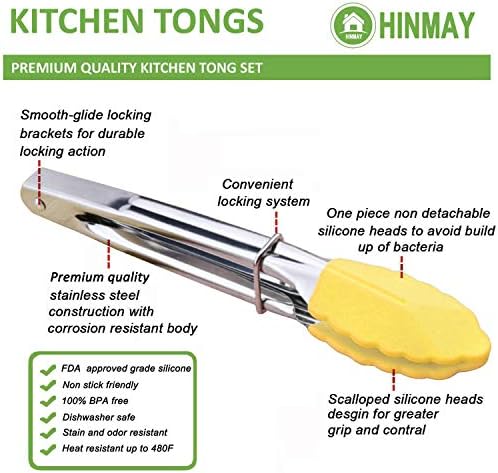 HINMAY 7-Inch Mini Tongs with Silicone Tips, Set of 3 (Yellow) - Image 2
