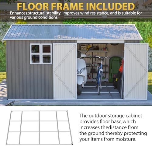 YOPTO 12x10 FT Outdoor Storage Shed,Metal Shed W/Window & Floor Frame,Garden Tool House W/Sloped Roof,Lockable Doors & Air Vents,for Backyard Patio Lawn,Gray - Image 5
