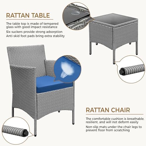 Yaheetech 3 Pcs Patio Conversation Set, Chairs & Side Table, Gray/Dark Blue - Image 3