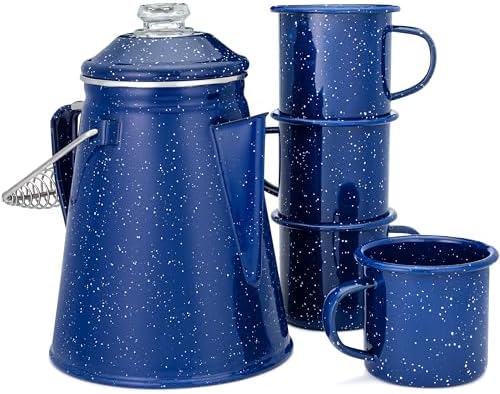 COLETTI Classic Enamel Set Coffee Percolator & Mugs — The Most Nostalgic Camping Coffee Pot, Now Modernized [Blue Enamel, 12 Cup Percolator Coffee Pot & Set of 4 Mugs] by COLETTI