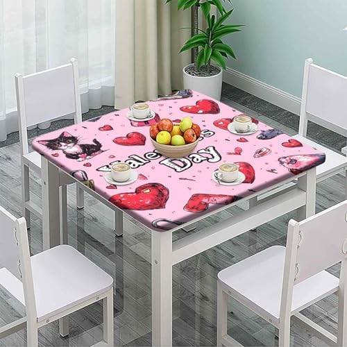 Elastic Tablecloth, Love is in The Air Pattern Printed on Oilproof Square Fitted Table Cover Elastic Tablecloth, Great for Picnics BBQs Daily Meals, Fit for 42" x 42" Square Tables - Image 2