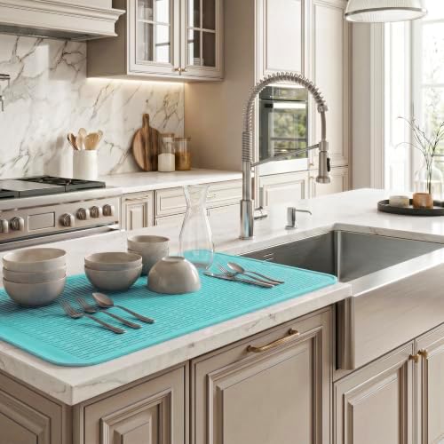 MicoYang Silicone Dish Drying Mat for Multiple Usage,Easy clean,Eco-friendly,Heat-resistant Silicone Mat for Kitchen Counter or Sink,Refrigerator or Drawer Liner Mint 4XL 32 inches x 18 inches - Image 5