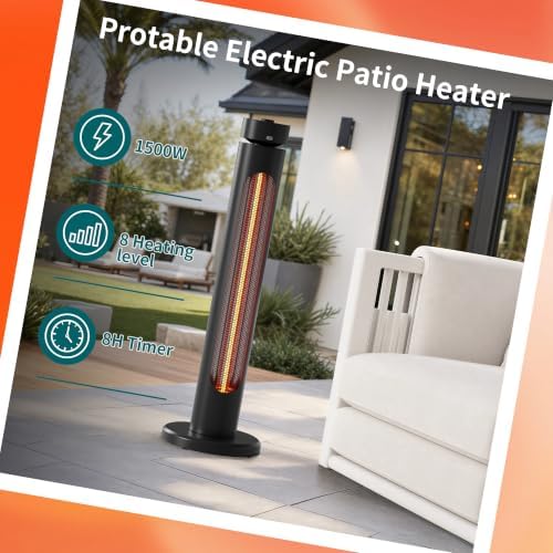 1500W Electric Patio Heater for Outdoor Use, Infrared Heater with 8 Heat Levels, 60° Oscillation, Remote Control, 8-Hour Timer, Tip-Over & Overheat Protection, Black - Image 3