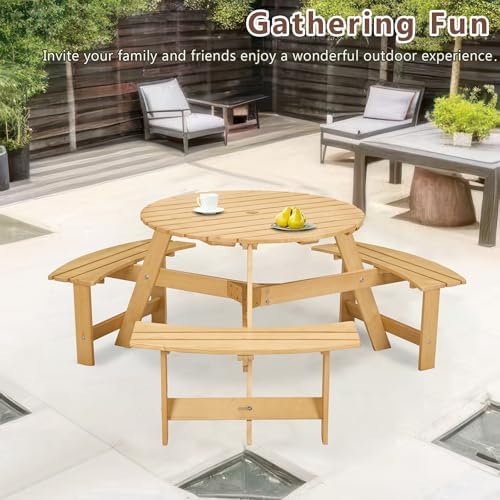 6 Person Wooden Picnic Table, Outdoor Round Picnic Table with 4 Built-in Benches, Umbrella Hole, Outside Table and Bench Set for Patio, Backyard, 500lbs Capacity Per Bench (Nature - 6person) - Image 2