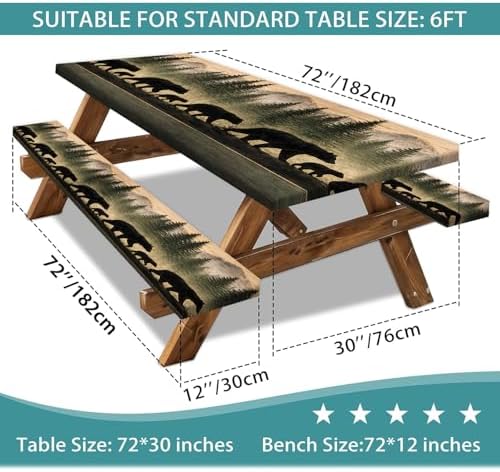 Picnic Table Cover with Bench Covers and Bag, Forest Mountain Bear Wooden Waterproof Windproof, Fitted Tablecloth Cover with Elastic Edge, for Indoor & Outdoor, Garden, Camping, 3 PCS 30x72 Inch - Image 3