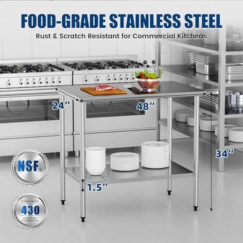 Stainless Steel Work Table 24 x 48 Inch with Adjustable Undershelf, Heavy-Duty Metal Prep Table for Commercial Kitchen & Restaurant, Garage, Outdoor - Image 3