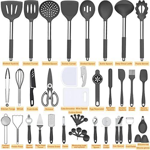 Silicone Cooking Utensil Set, Umite Chef 43 PCS Heat Resistant Kitchen Utensil Gadgets Set-Stainless Steel Handle- Kitchen Spatula Tools for Nonstick Cookware, Pots and Pans Accessories(Grey) - Image 2