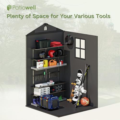 Patiowell 4 x 4 FT Plastic Outdoor Storage Shed with Floor, Garden Tool Resin Shed with Two Windows and Lockable Door for Garden, Backyard, Lawn, Easy to Install, Dark Grey - Image 5
